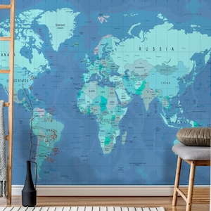 Kaltblaue Weltkarte zum Abziehen und Aufkleben, Wandbild für Arbeitszimmer oder Büro, modernes Geographie Wandbild, abstrakte Reise Wandkunst