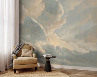 Sunset Sky Wall Mural, Vintage Blue Cloud Peel and Stick Wallpaper