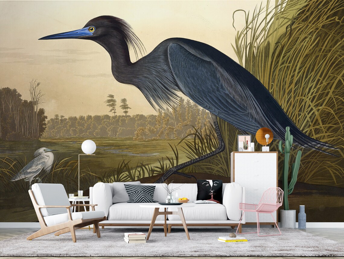 Blue Crane Removable Wallpaper / Bird Peel and stick Wallpaper | Etsy