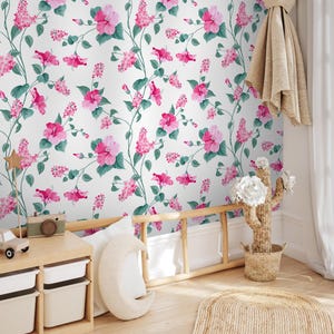 Pink Floral Wallpaper for Girls Room, Peel and Stick Wall Mural for Nursery or Kids Bedroom, Removable Soft Wallpaper with Charming Style