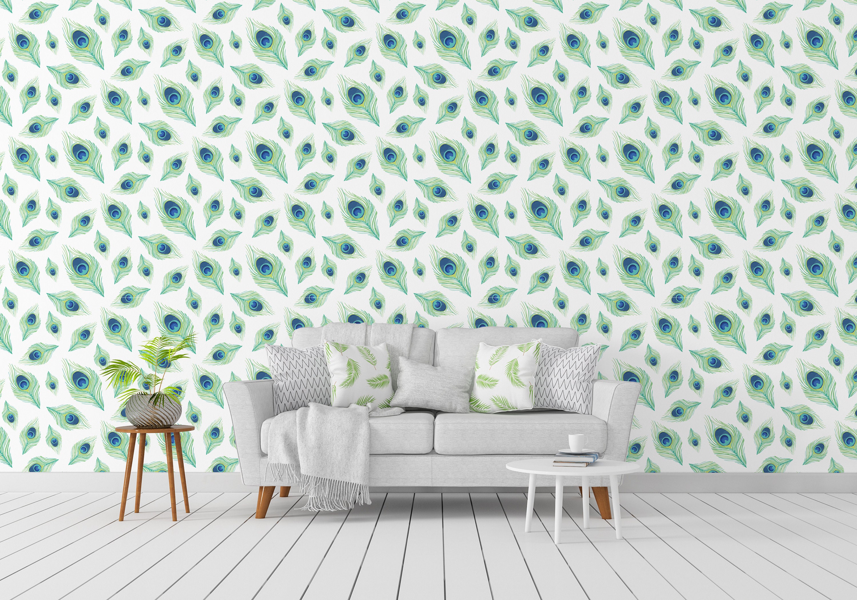 Peacock Feather Wallpaper / Home Decal / Peel and Stick / | Etsy