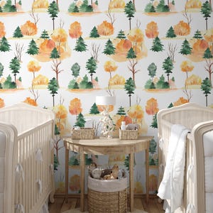 Autumn Forest Peel and Stick Wallpaper: Neutral Woodland Nursery Decor