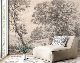 May include: A beige upholstered chair with a black and white patterned pillow in front of a vintage drawing of trees and a landscape.