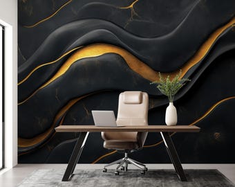 Black Marble Wall Mural, Gold Vein Peel and Stick Wallpaper