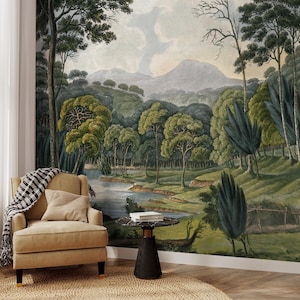 Carta da parati con paesaggio di alberi, murale panoramico della foresta con giungla e vista sul fiume, carta da parati autoadesiva tradizionale per l'arredamento