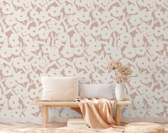 Blush Floral Wallpaper, Cream Botanical Peel and Stick Wall Mural, Soft Modern Decor