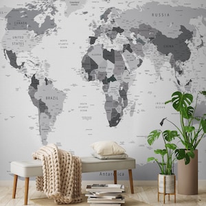 Schwarzweiße Weltkarte zum Abziehen und Aufkleben, entfernbares Wandbild für Büro oder Wohnzimmer, selbstklebendes modernes Wandbild
