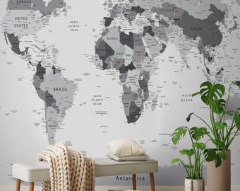 Papier peint autocollant carte du monde noir et blanc, décoration murale amovible couleur personnalisée pour bureau ou salon, décoration murale moderne auto-adhésive
