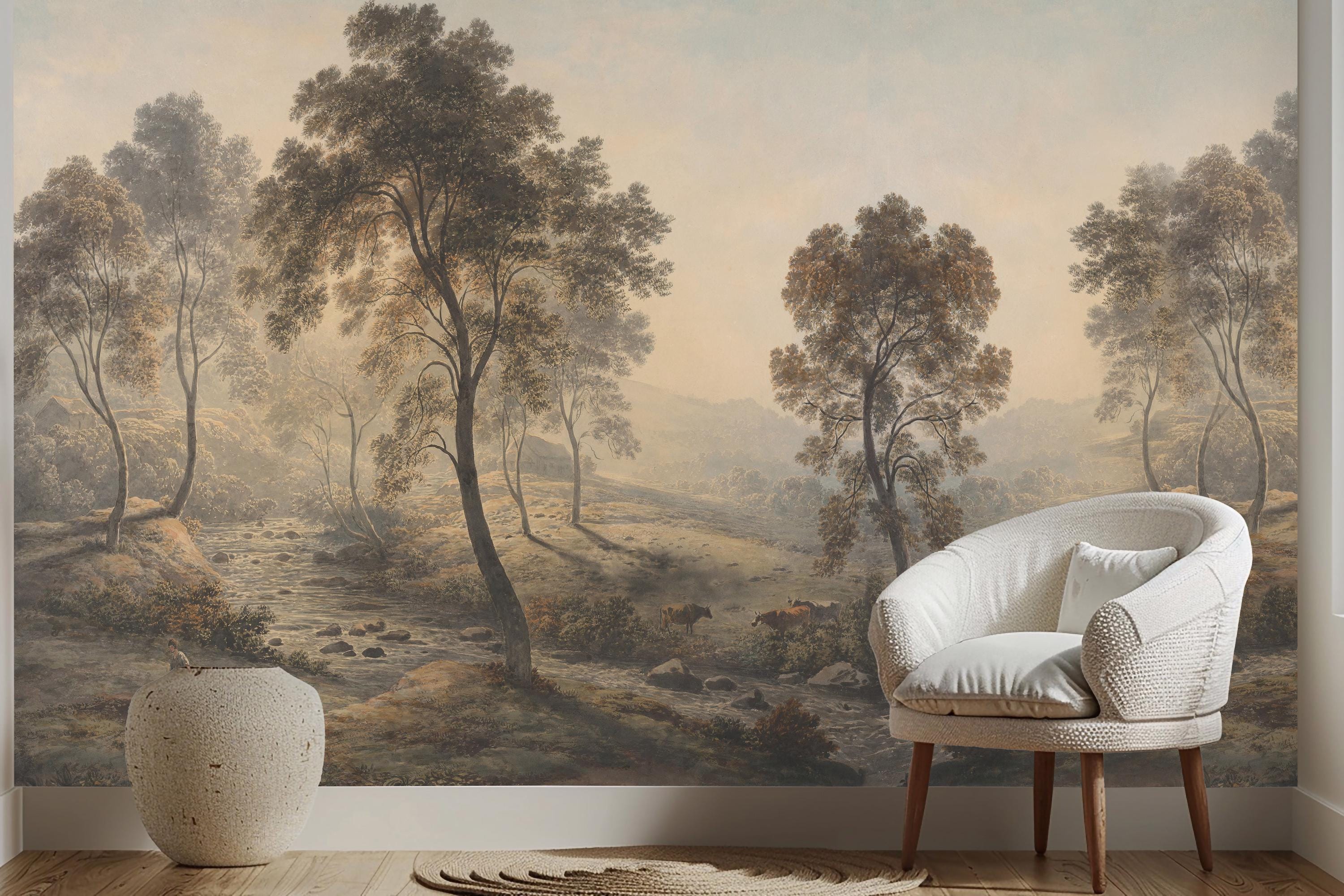Vintage Scenic Tree Wallpaper, Panoramic Forest Landscape Wall Mural - Etsy
