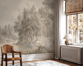 Vintage Landscape Wall Mural, Neutral Peel and Stick Tree Wallpaper