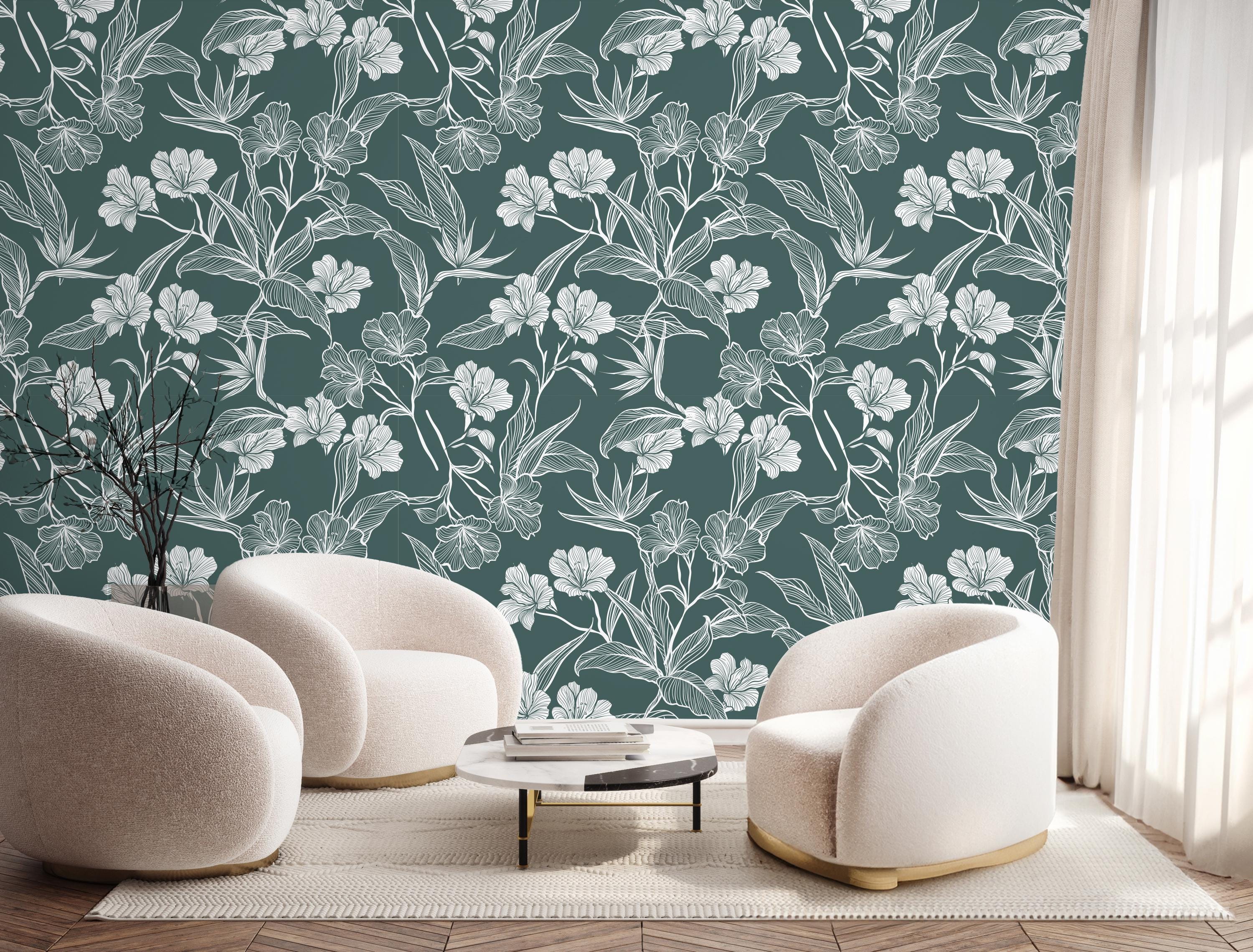 Emerald Green Floral Nursery Wallpaper: Line Art Design - Etsy