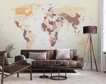 World Map Wallpaper: Soft Tints Peel and Stick Wall Mural