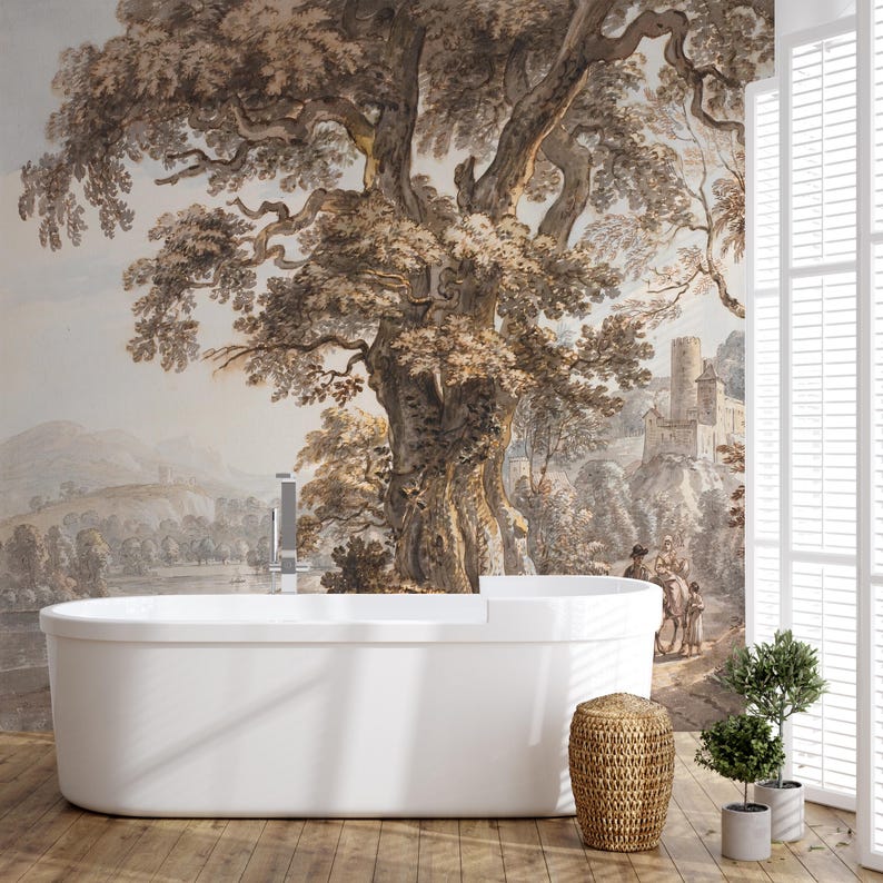 Buy Landscape Rustic Wall Mural, Tree Wallpaper,river, Tree and Castle