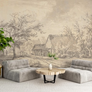 Vintage Village Landscape Wallpaper: Rustic Peel and Stick Mural