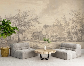 Vintage Village Landscape Wallpaper: Rustic Peel and Stick Mural