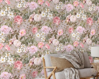 Vintage Rose Wallpaper, Dusty Pink Floral Peel and Stick Wall Mural, Romantic Decor