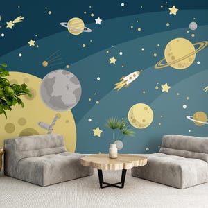Galaxy Nursery Wallpaper, Space Theme Wall Mural with Planets and Spacecraft, Self-Adhesive Peel & Stick,Traditional Wallpaper for Boys Room