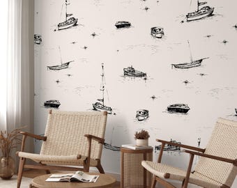 Vintage Boat Sketch Wallpaper, Nautical Coastal Peel and Stick Wall Mural