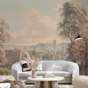 Vintage Castle Landscape Mural: Rustic Peel and Stick Wallpaper