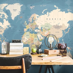 Carta da parati adesiva con mappa del mondo politico, murale blu personalizzato per ufficio o studio, murale educativo autoadesivo rimovibile