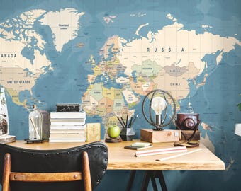 Political World Map Wallpaper: Blue Peel and Stick Wall Mural
