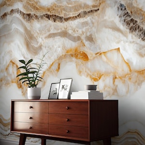 White Marble Peel and Stick Wallpaper: Brown Vein Faux Stone Decor