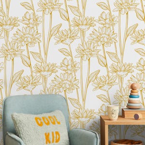 Gold Japanese Floral Wallpaper: Elegant Peel and Stick Wall Mural