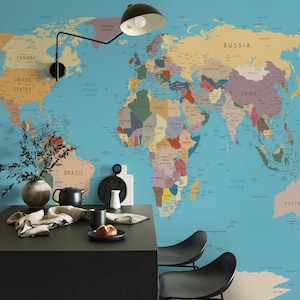 Political World Map Peel and Stick Wallpaper, Custom Blue Removable Wall Mural for Office or Study, Self-Adhesive Modern Travel Wallpaper