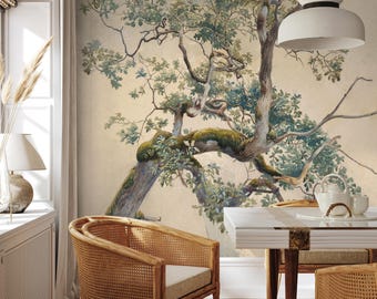 Mural de pared con ramas de árboles y hojas verdes autoadhesivas con motivos naturales.