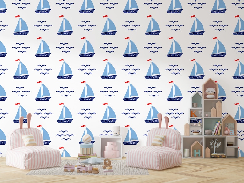 Blue Nursery Wallpaper / Childroom Ship Wallpaper / Sea Etsy