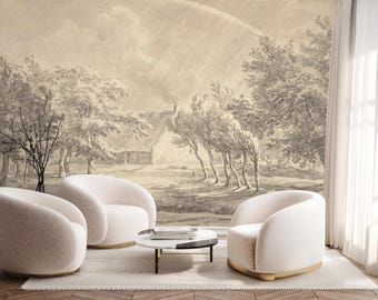 Tree Landscape Wall Mural, Vintage Soft Beige Peel and Stick Wallpaper