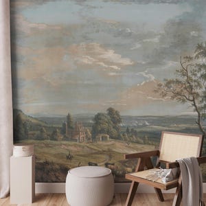 Murale da parete con paesaggio rurale, dipinto vintage di Paul Sandby, carta da parati panoramica rimovibile per interni tradizionali e senza tempo
