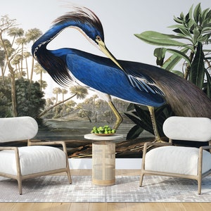 Blue Heron Bird Wallpaper | Tropical Jungle Wallpaper | Animal Self Adhesive wallpaper | Removable Wallpaper | Peel and Stick Wallpaper