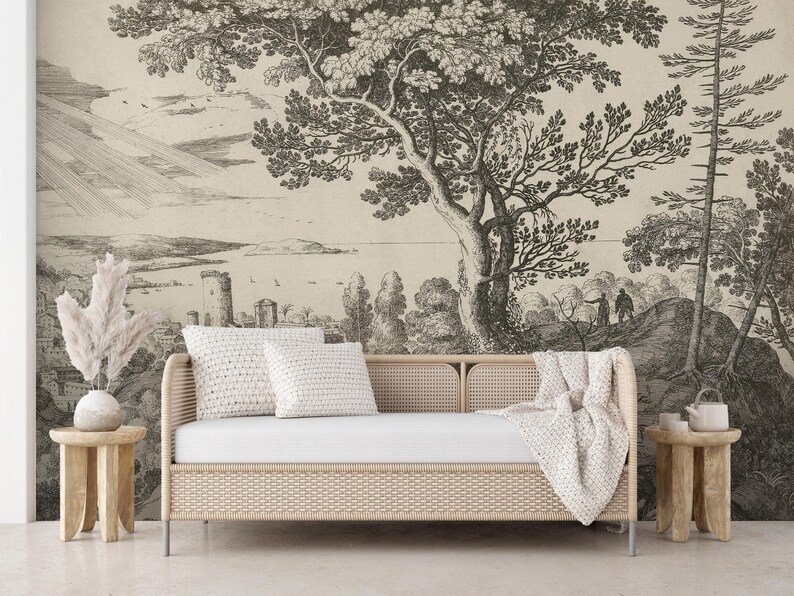 Vintage Tree Landscape Mural: Rustic Peel and Stick Wallpaper - Etsy