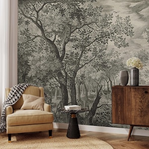 Vintage Forest Landscape Mural, Peel and Stick Scenic Wallpaper, Traditional Self-Adhesive Wall Art for Interiors with Timeless Charm