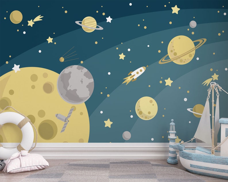 Space Nursery Wall Mural, Rocket Planet Kids Room Peel and Stick ...