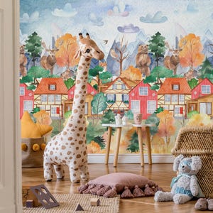 City and Forest Adventure Wallpaper for Kids Room, Peel and Stick Wall Mural with Cute Animals, Removable Nursery or Playroom Decor