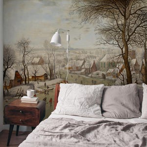 Vintage Winter Dorf Tapete Wandbild: Verschneite Landschaft zum Schälen und Aufkleben