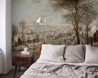 Vintage Winter Village Wallpaper Mural: Snowy Landscape Peel and Stick