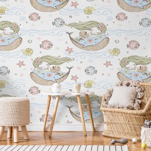 Mermaid Wallpaper, Dreamy Peel & Stick Underwater Wall Mural, Sea-Inspired Nursery Wallpaper for Baby Girl Room, Removable Mural