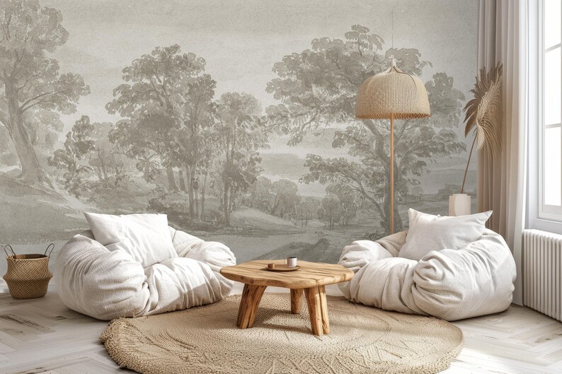 Add timeless elegance to your home with our Soft Tone Vintage Forest Landscape Wall Mural. This peel and stick wallpaper showcases scenic trees and nature-inspired designs, offering easy application and removal for beautiful, lasting decoration. Scenic Panoramic Mural, Landscape Wallpaper, Peel and Stick Wallpaper, Vintage Wallpaper, Removable Wallpaper, Panoramic Mural, Rustic Tree Scenic Mural, Rural Landscape Wallpaper, Scenic Mural, Vintage Mural, Self Adhesive Mural, Traditional Wallpaper
