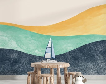 Mural abstracto de olas para pared, papel tapiz autoadhesivo moderno con paisaje costero.