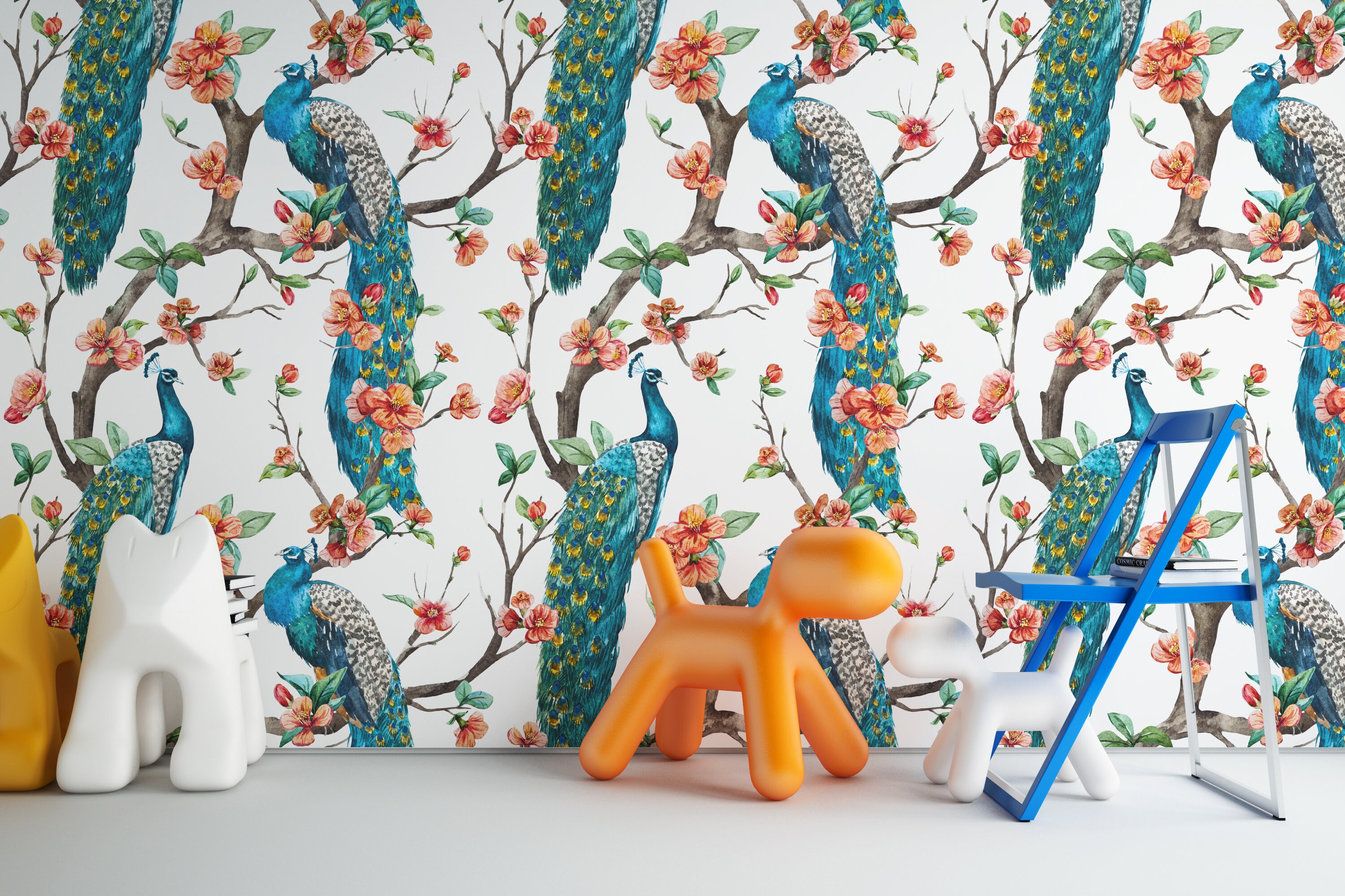 Peacock Wallpaper with Floral Wall Mural Peel and Stick Self | Etsy