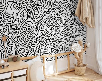 Doodle Nursery Wallpaper Mural: Sketch Style Peel and Stick Wall Art