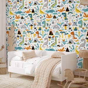 Dinosaur and Volcano Peel and Stick Wallpaper, Removable Jurassic Wall Mural for Boys Room or Nursery, Fun Prehistoric Kids Room Wallpaper