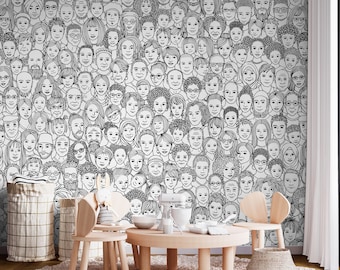 Illustrated Faces Wallpaper, Ethnic Portrait Peel and Stick Wall Mural
