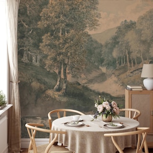 Carta da parati staccabile e adesiva con paesaggio verde, murale da parete panoramico vintage della valle verde, carta da parati autoadesiva tradizionale per un arredamento senza tempo