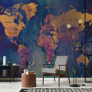 Dunkelblaue Weltkarte Tapete, Schälen und Aufkleben Benutzerdefiniertes Wandbild, Moderne Reise-Tapete für Büro oder Studium, selbstklebendes Wandbild