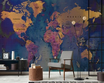 Dark Blue World Map Peel and Stick Wallpaper: Removable Wall Mural