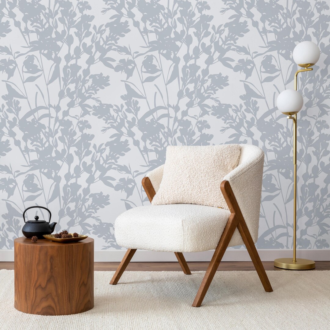 Soft Blue Botanical Wallpaper, Floral Shadow Peel and Stick Wall Mural